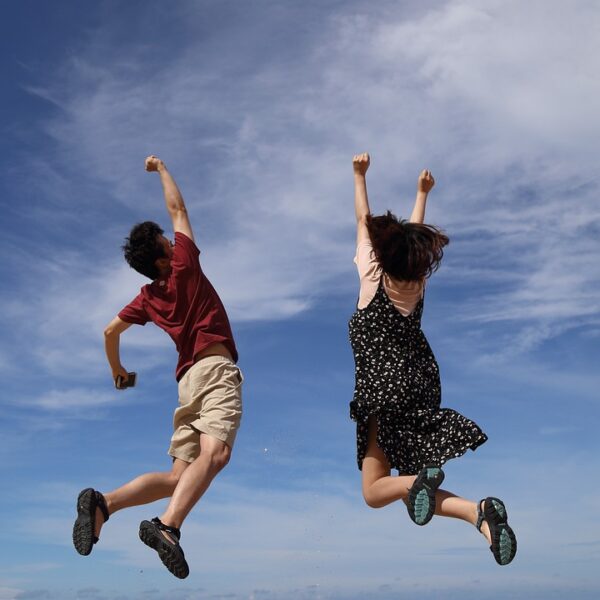 jump, sky, man, clouds, height, girl, nature, woman, happiness, joy, happy, blue sky, jump, jump, height, happiness, happiness, joy, joy, happy, happy, happy, happy, happy