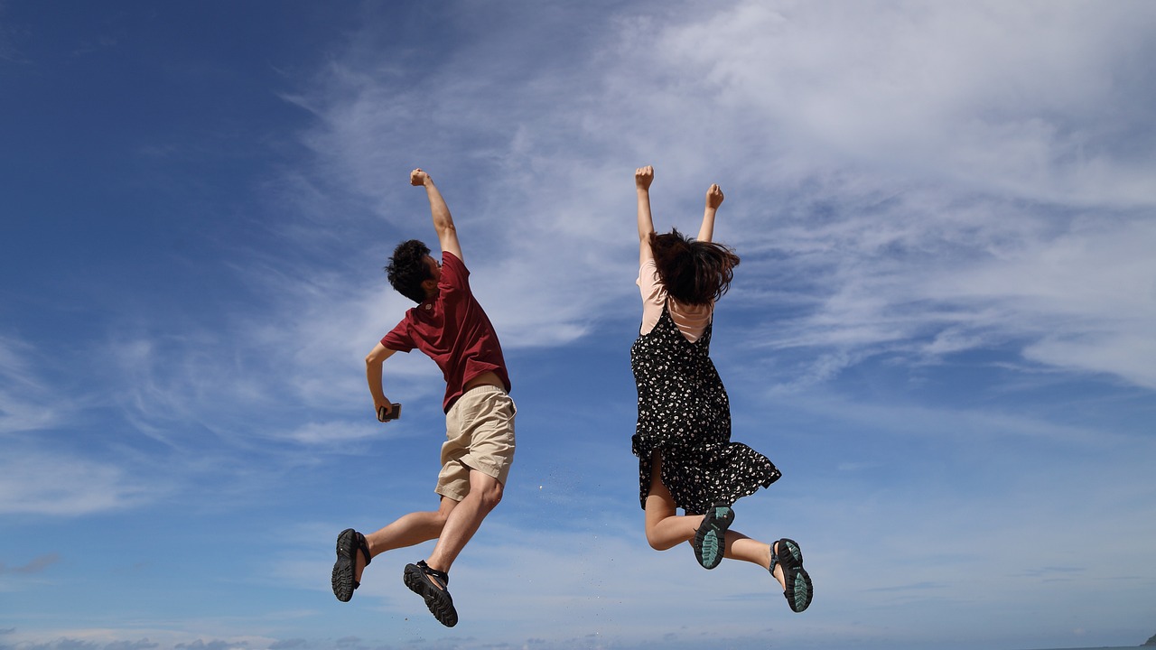 jump, sky, man, clouds, height, girl, nature, woman, happiness, joy, happy, blue sky, jump, jump, height, happiness, happiness, joy, joy, happy, happy, happy, happy, happy